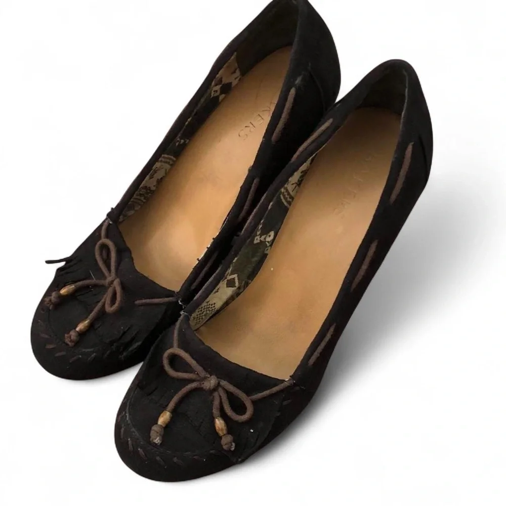 Y2K 2000 wedge shoes pumps heels ribbon bow fringe beaded platform chunky preppy